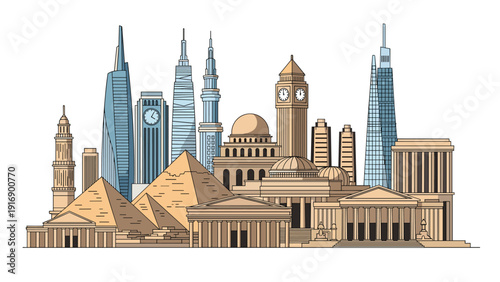 Diverse architectural skyline featuring famous world landmarks like pyramids, skyscrapers, and ancient temples in a cohesive earth tone design.