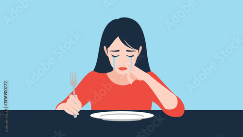 Emotional illustration of a sad woman crying with tears running down her face while sitting in front of an empty white dinner plate.