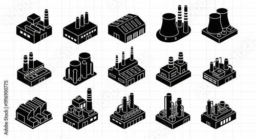 Isometric industrial factory buildings, power plants, and industrial complexes collection in black and white