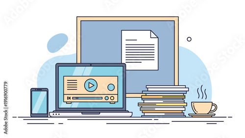 Creative workspace with a laptop playing a video, a smartphone, cup of coffee, and stacks of papers on a organized desk.