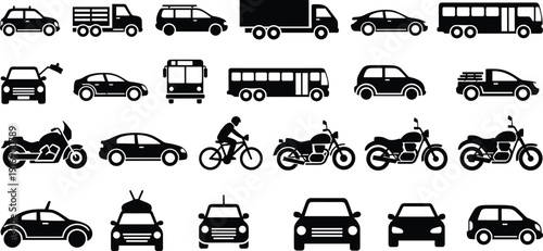 Black and white of various vehicles on white background vehicle car silhouettes truck motorcycle bus symbols
