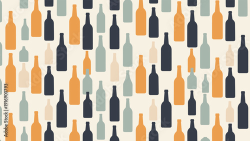 Seamless repeating pattern of various bottle silhouettes in muted earth tones like blue, green, orange, and tan on a neutral background.