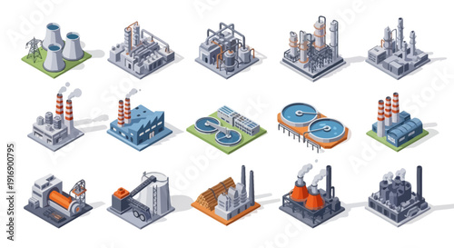 Isometric industrial buildings and facilities, illustrating various manufacturing and production plants with smokestacks and structures