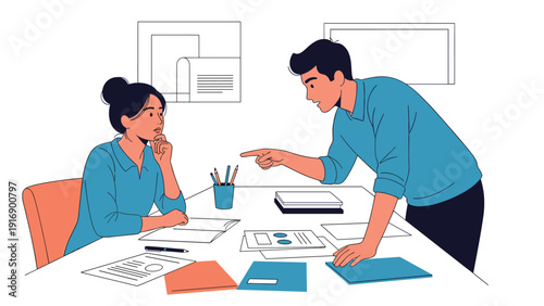 Two office workers having a heated argument or disagreement while working at a desk with documents and paperwork in an office setting.