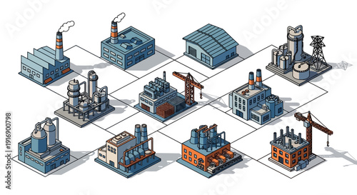Isometric industrial buildings and factories connected in a network, representing industry and manufacturing concepts