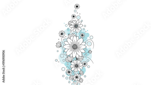 Delicate vertical floral design with hand-drawn flowers and light blue watercolor splashes for wedding and greeting card art.