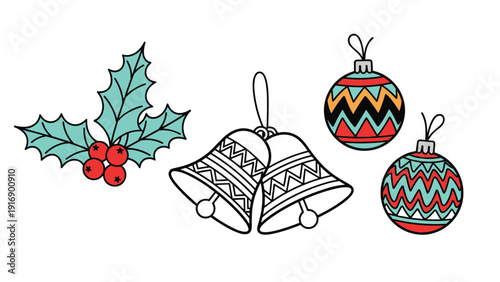 Festive holiday collection featuring decorative Christmas ornaments, silver bells, and green holly leaves with red berries.