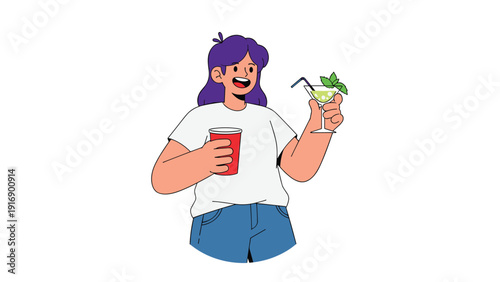 Cheerful young woman with purple hair enjoying a party while holding a red plastic cup and a green cocktail with mint.