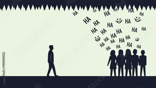Conceptual illustration of a man walking alone while a group of people laugh and mock him, representing social bullying.