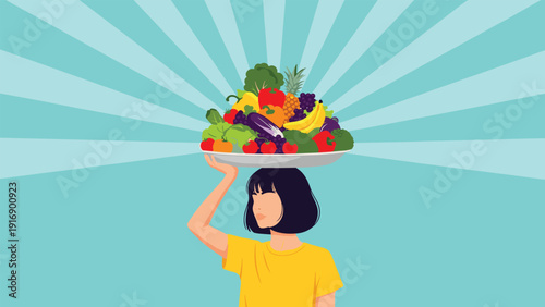 Stylish young woman balancing a massive tray overflowing with fresh fruits and vegetables on her head for healthy diet concept.