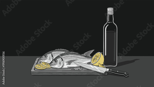 Elegant still life illustration of two fresh fish on a wooden cutting board with lemon slices, a knife, and a bottle of oil.