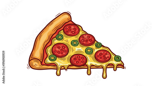 Delicious slice of pepperoni pizza with dripping melted cheese and green olives in a vibrant hand-drawn illustration style.