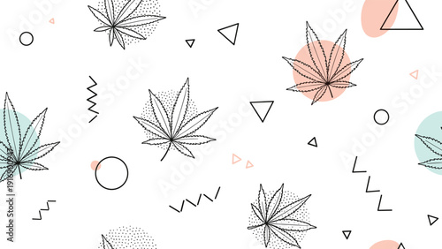 Seamless pattern featuring line art cannabis leaves combined with modern abstract geometric shapes and soft colored circles.