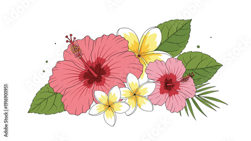 Tropical floral arrangement featuring pink hibiscus and white plumeria flowers with green leaves for summer vacation art.
