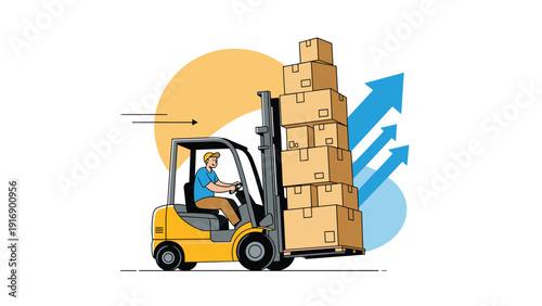Logistics worker operating a forklift to move a high stack of cardboard boxes for storage and transportation concepts.