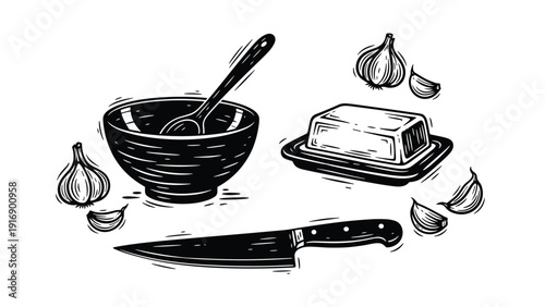 Hand-drawn set of kitchen essentials including a mixing bowl, spoon, knife, butter, and several cloves of fresh garlic.