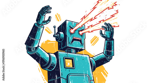 Retro style robot character with glowing red laser eyes and raised arms against a vibrant yellow and white background.