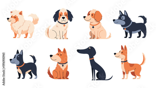 Set of eight diverse and friendly cartoon dog breeds in various poses and colors for pet related design projects.