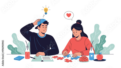 Young couple working together to solve a jigsaw puzzle on a table while enjoying drinks and healthy snacks at home.