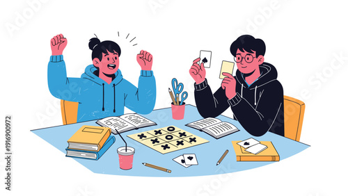 Two happy friends taking a break from studying to play tic-tac-toe and cards while sharing healthy snacks and drinks.