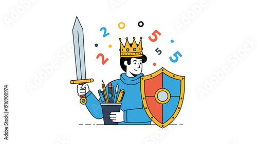 Creative student dressed as a king with a crown, sword, and shield holding a cup full of pens and pencils for school success.