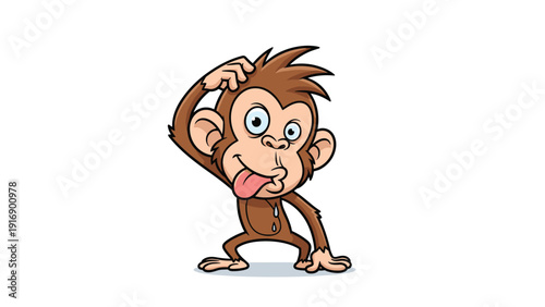 Humorous cartoon monkey character making a silly face with its tongue out and scratching its head in a playful pose.