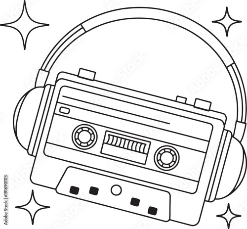 Music Cassette Tape and Headphones Line Art with Stars