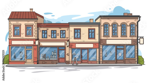 Vibrant street scene vector illustration displays a row of diverse colorful storefronts and shops along a sidewalk under a bright blue sky.