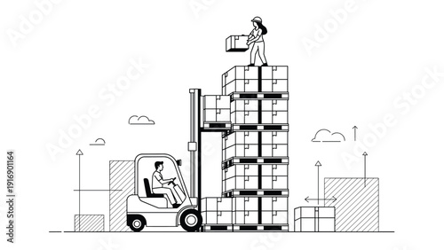 Industrial black and white scene shows warehouse workers using a forklift and manual labor to organize tall stacks of cardboard boxes.