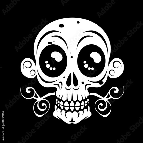 Playful skull face with large round eyes and toothy grin, swirling ornamental accents surrounds the head, black and white graphic