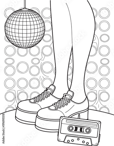 Platform Shoes and Cassette Tape with Disco Ball Line Art