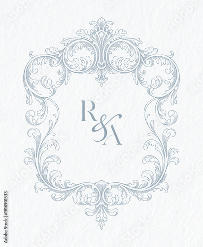 Antique floral wedding initial design engraving style crest. Elegant Vintage wedding monogram shield with antique floral engraving frame.