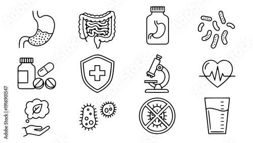 Digestive Health & Medical Line Icons – Stomach, Intestines, Pills, and Health Symbols, digestive health, medicine, probiotics, stomach, intestines, capsules, tablets, pill bottles, bacteria, 