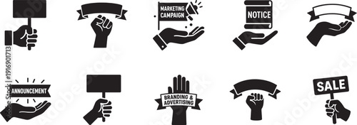   Hands holding banner icon set, support, message and promotion symbols, editable vector outline art.