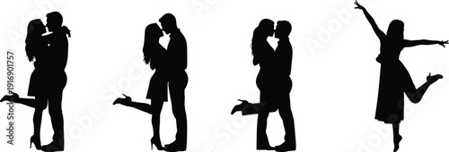 Black silhouettes of couples kissing and a woman dancing alone