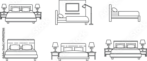 Bed and bedroom furniture line icons set vector illustration collection