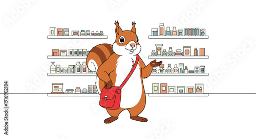 A friendly cartoon squirrel with a red messenger bag stands in a pharmacy aisle displaying numerous products on shelves.