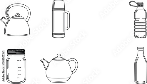 Kettle thermos and bottle kitchen drinkware icons set vector illustration collection