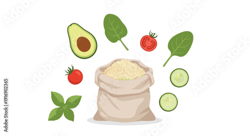 A burlap sack filled with quinoa or rice is surrounded by fresh vegetables including avocado, spinach, tomatoes, and cucumber slices.