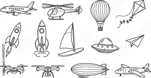 Air transport and flying vehicle icons set with airplane rocket drone vector illustration collection