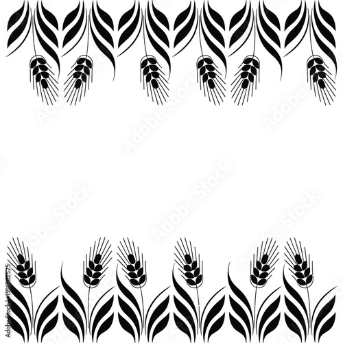 Black and white illustration of wheat stalks forming a decorative border