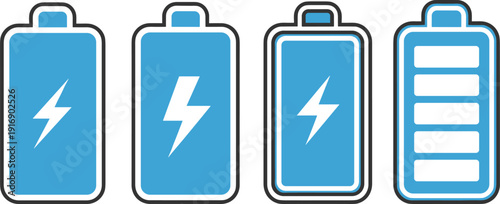 Blue battery with lightning bolts and varying charge levels energy