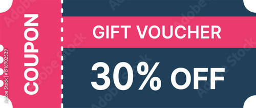 Pink and dark blue gift voucher coupon with 30 percent off text discount sale