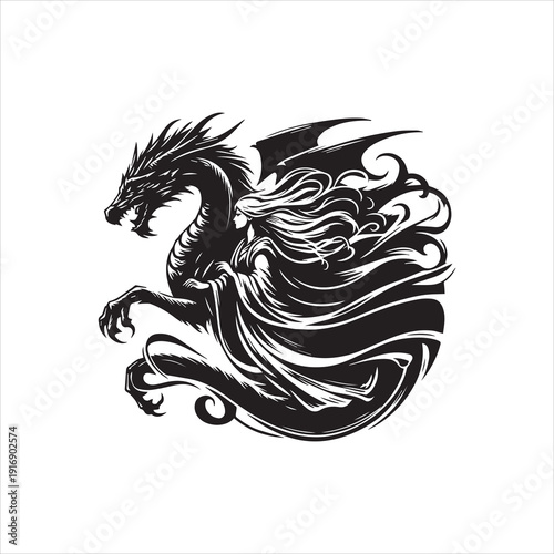 Black and white vector illustration of a dragon with swirling design elements on a plain white background.