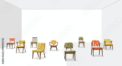 An assortment of various vintage and modern chairs are individually draped with transparent plastic covers in a stark white, empty room.