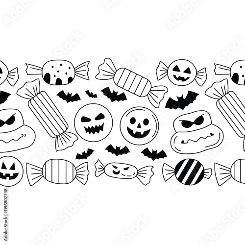 Seamless halloween pattern with candies pumpkins and bats in black and white