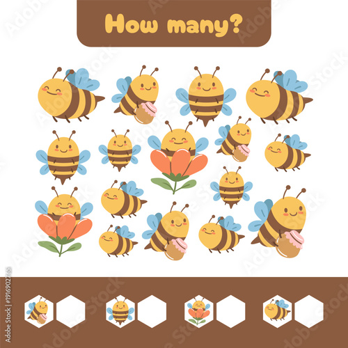 Count the bees and flowers in this cheerful worksheet. Great for math basics, attention skills and joyful learning moments.
