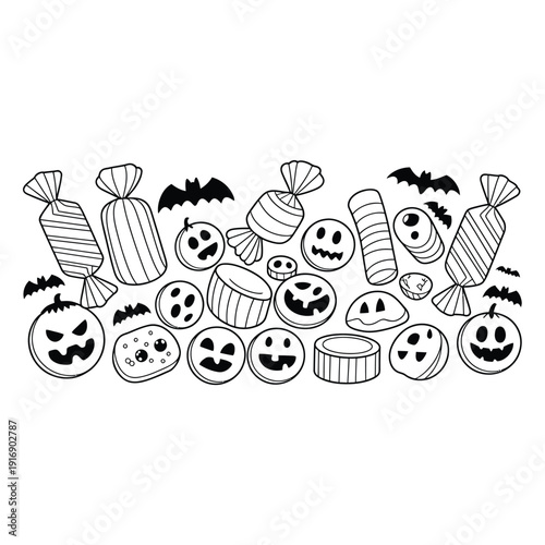 Halloween themed doodles including candy pumpkins and bats in black and white
