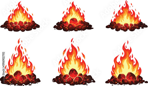 Cartoon fire pits with varying flame heights and colors flames burning