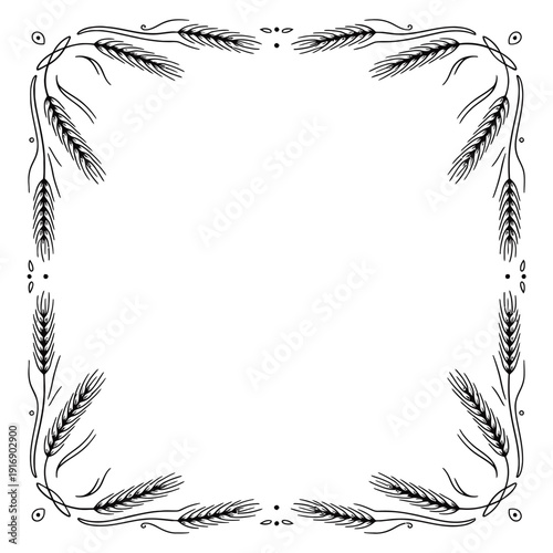 A black and white frame composed of wheat stalks and detailed embellishments
